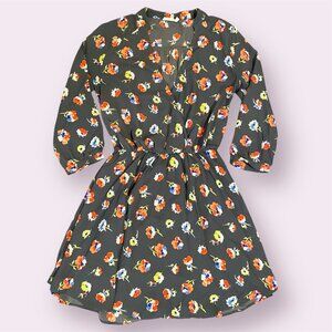 Vintage-Inspired Floral Wrap Dress | Charcoal with Bright Blooms – Size XS